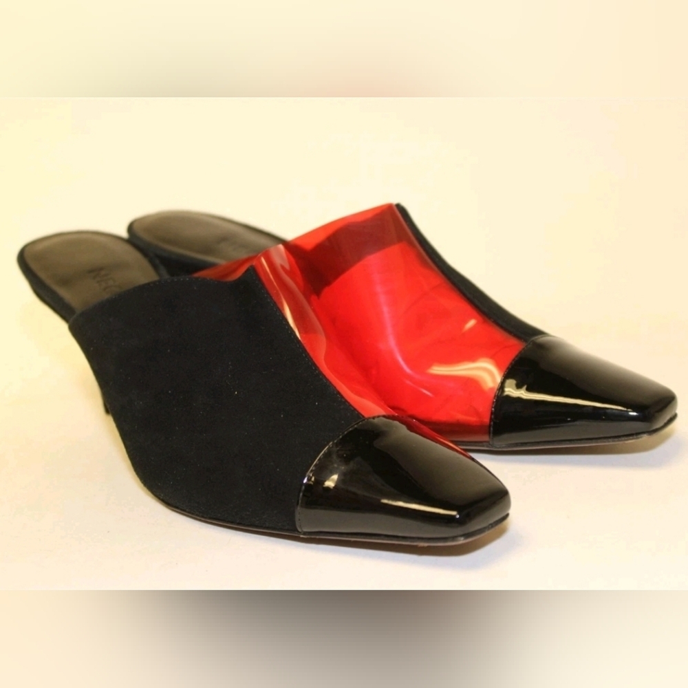 NEOUS GORGEOUS Italy Made Black Red Acetate Suede Mules Pumps Heels 38 8 - Picture 5 of 16